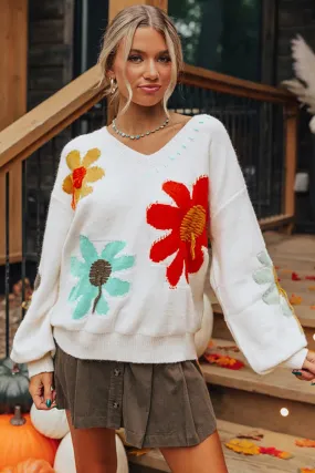 2024 Autumn New V-neck Casual All-match Floral Print Warm Knitted Sweater