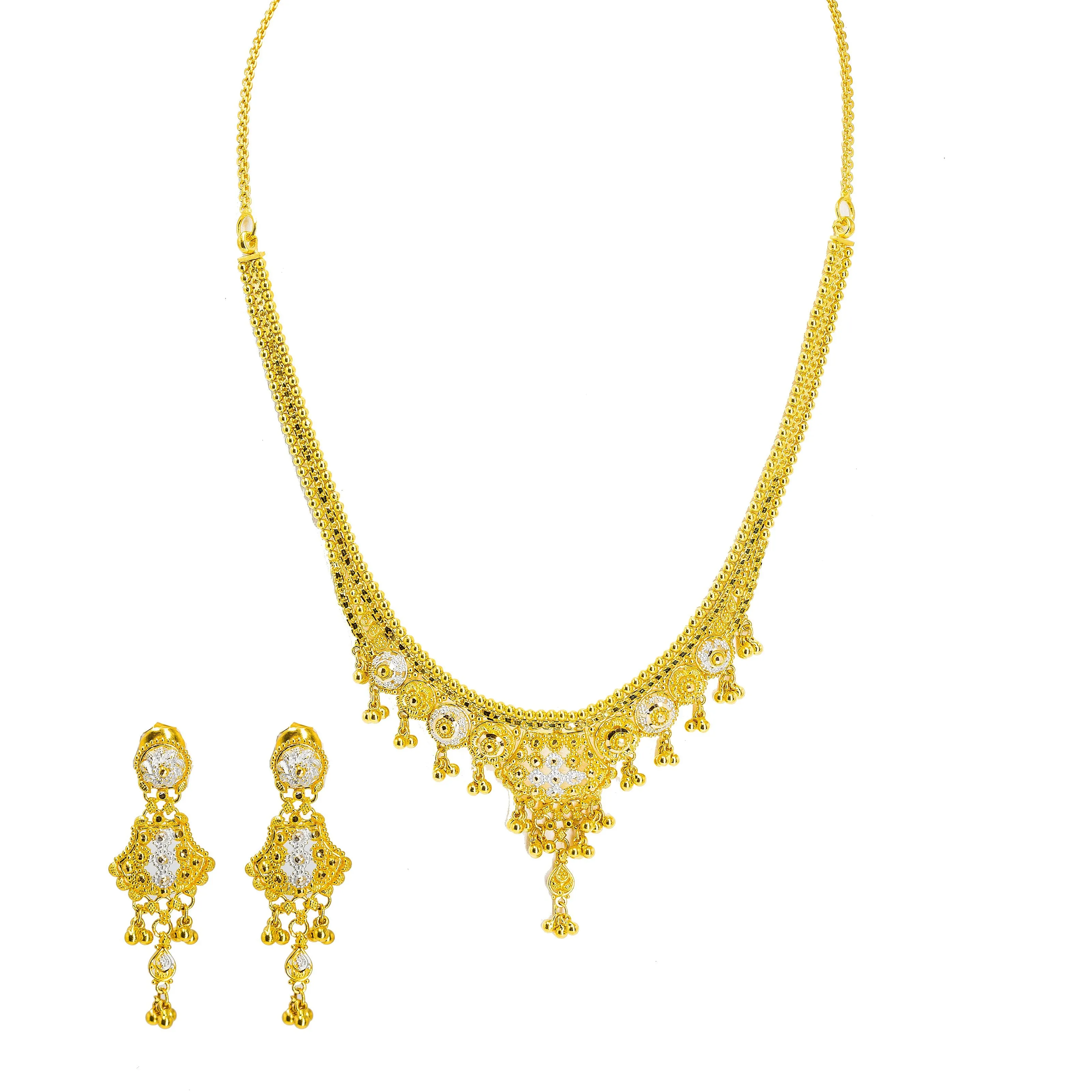 22K Multi Tone Gold Necklace & Earrings Set W/ Wide Royal Beaded Pendant & Hanging Gold Beads