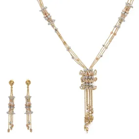 22K Multi Tone Gold Set Necklace & Earrings W/ Beaded Tangled-Tassel Design