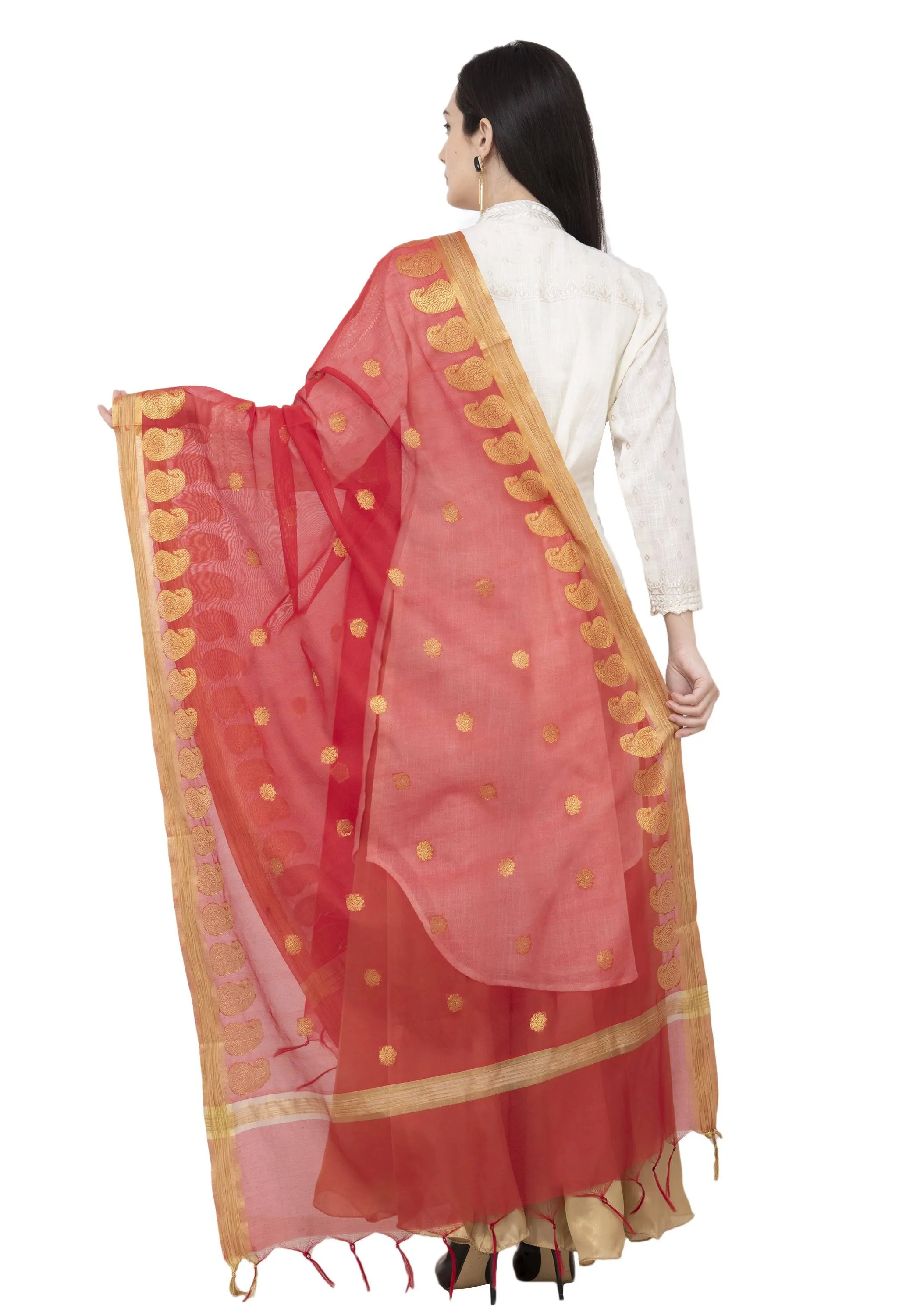 A R SILK VNS Ambi Border Fancy Dupatta Red Color Dupatta or Chunni