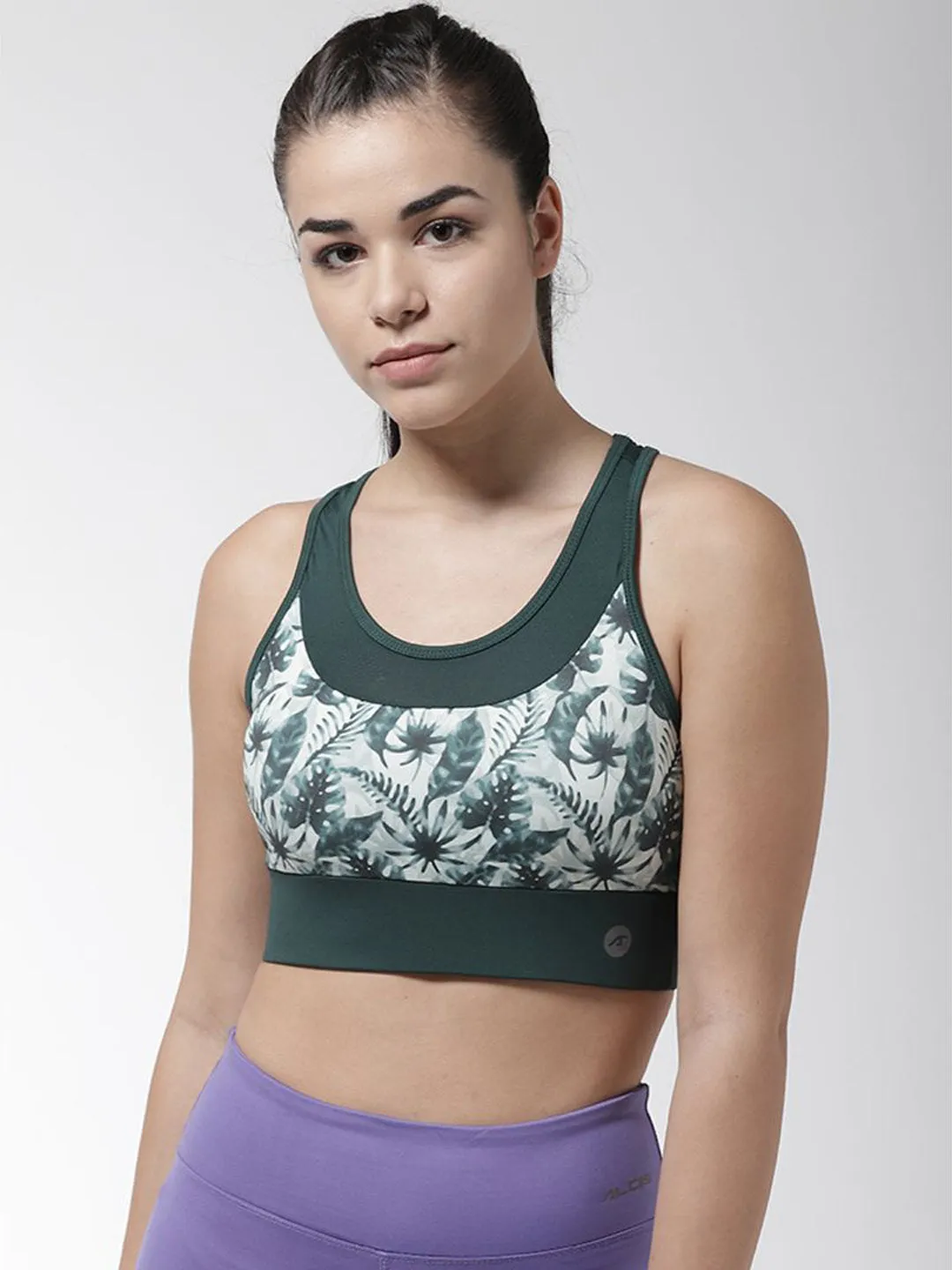 Alcis Green & White Printed Non-Wired Non Padded Sports Bra