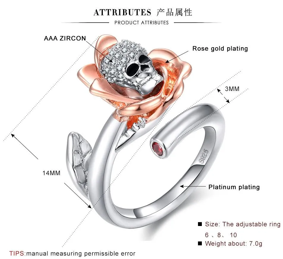 Austrian Gothic Skull Shiny Crystal CZ Rose Silver Color Rings for Women