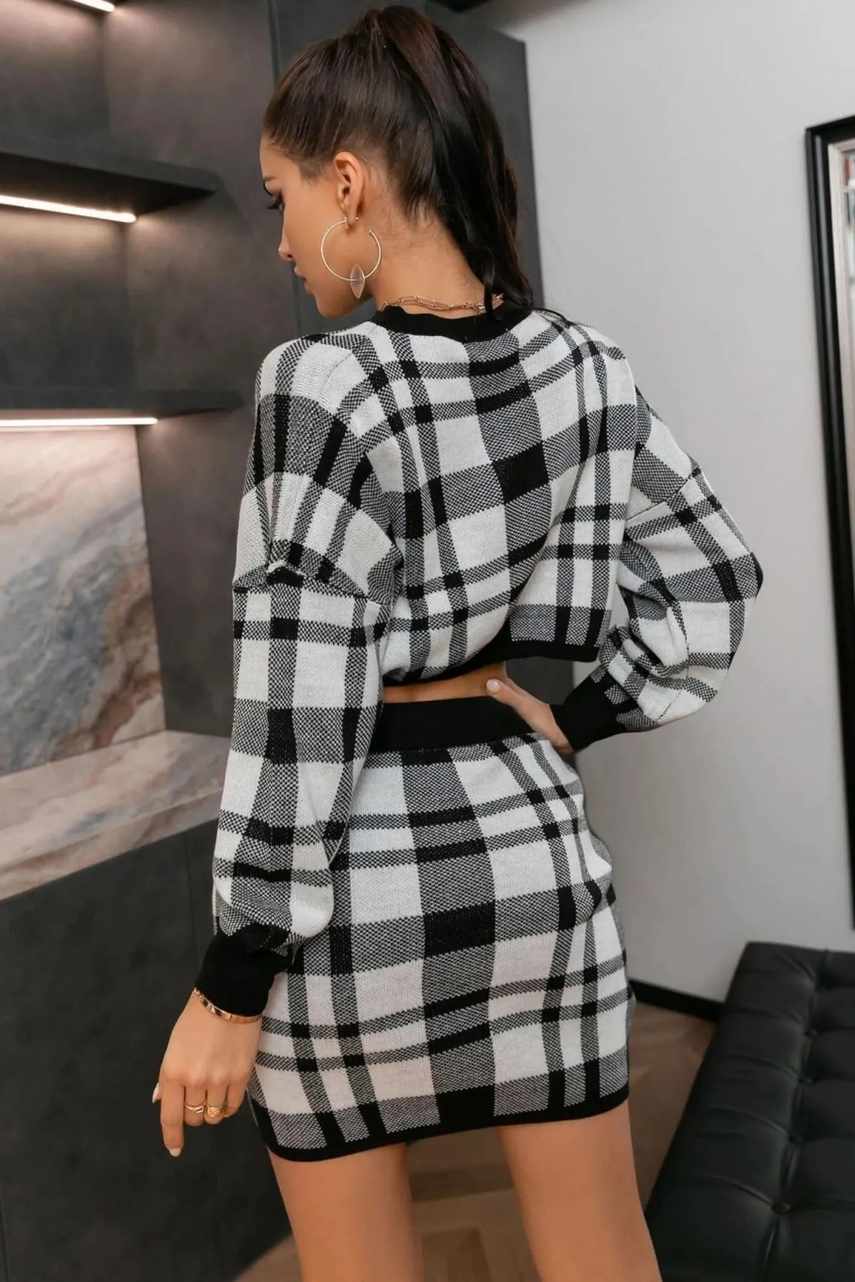 Black And White Plaid Two Piece Sweater Dress