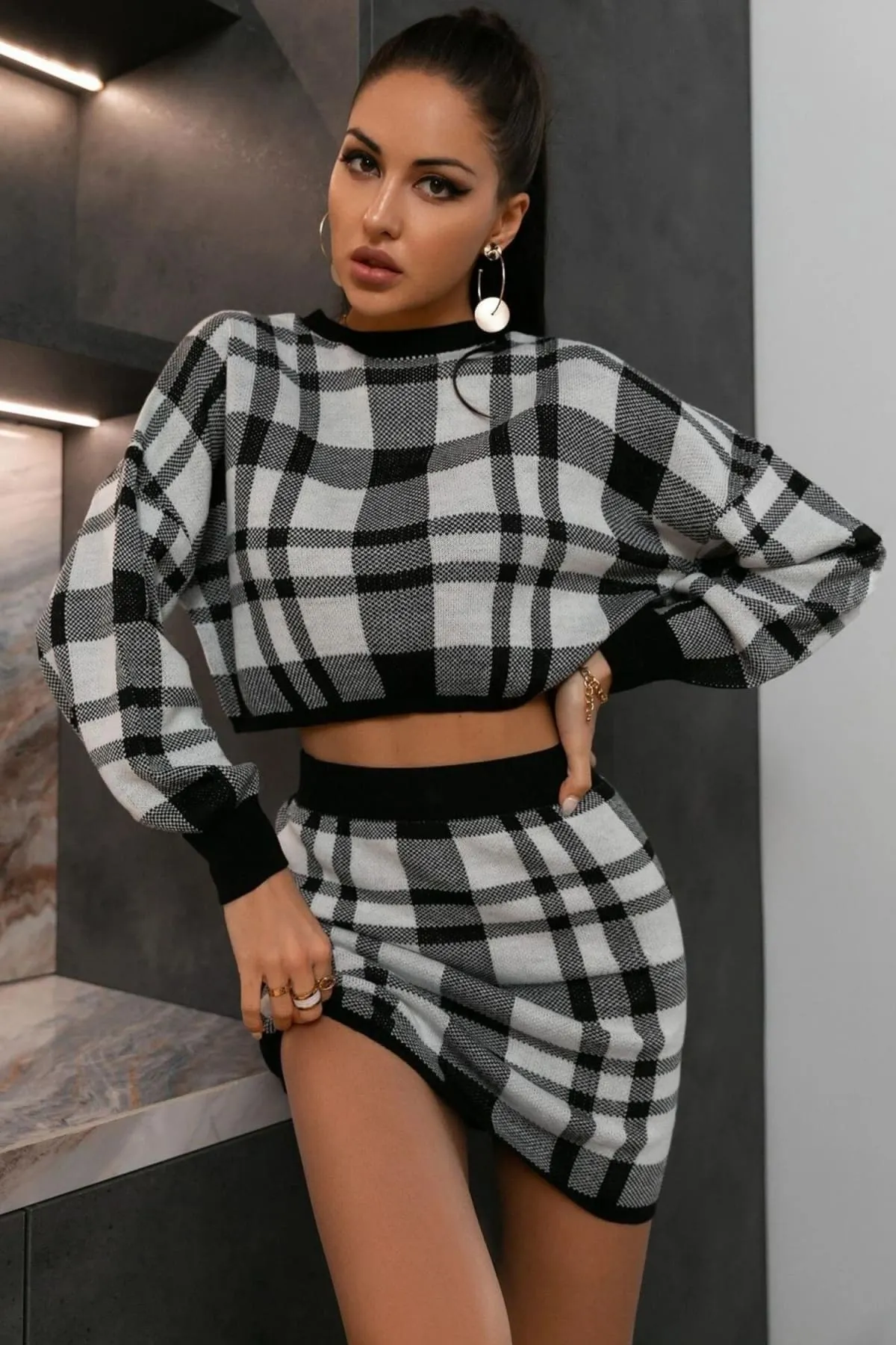 Black And White Plaid Two Piece Sweater Dress