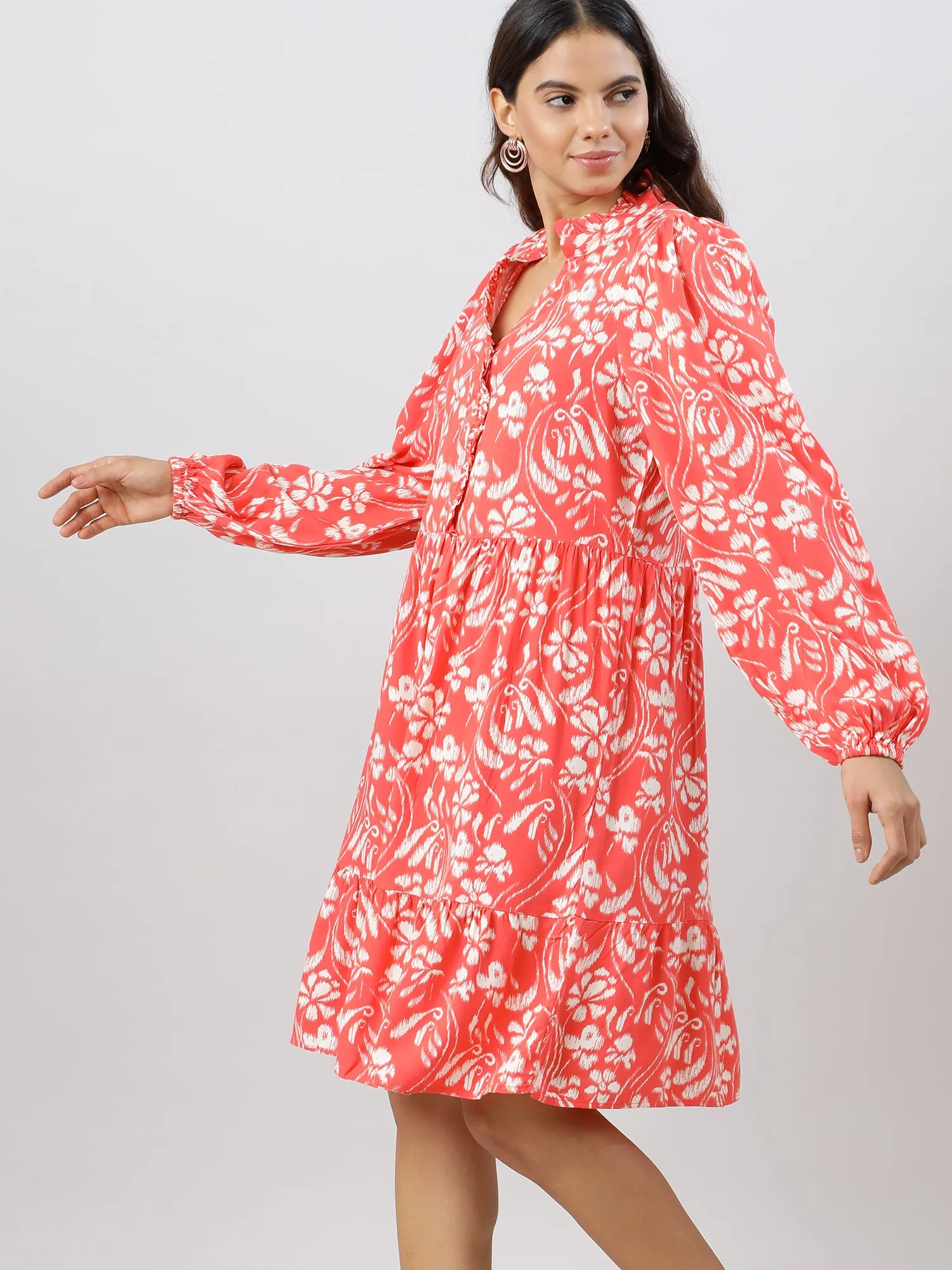 Casual Coral Printed Midi Dress