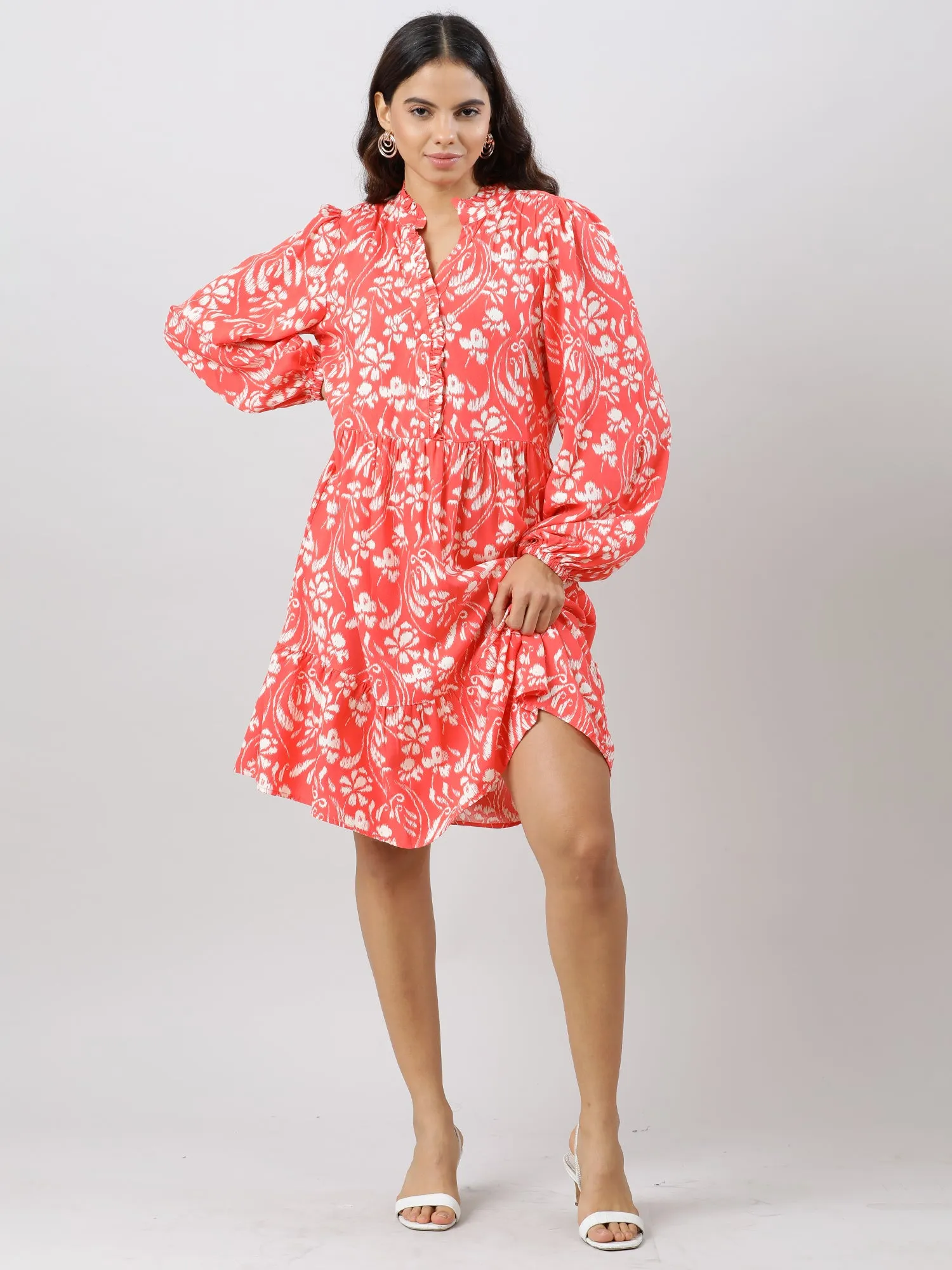 Casual Coral Printed Midi Dress