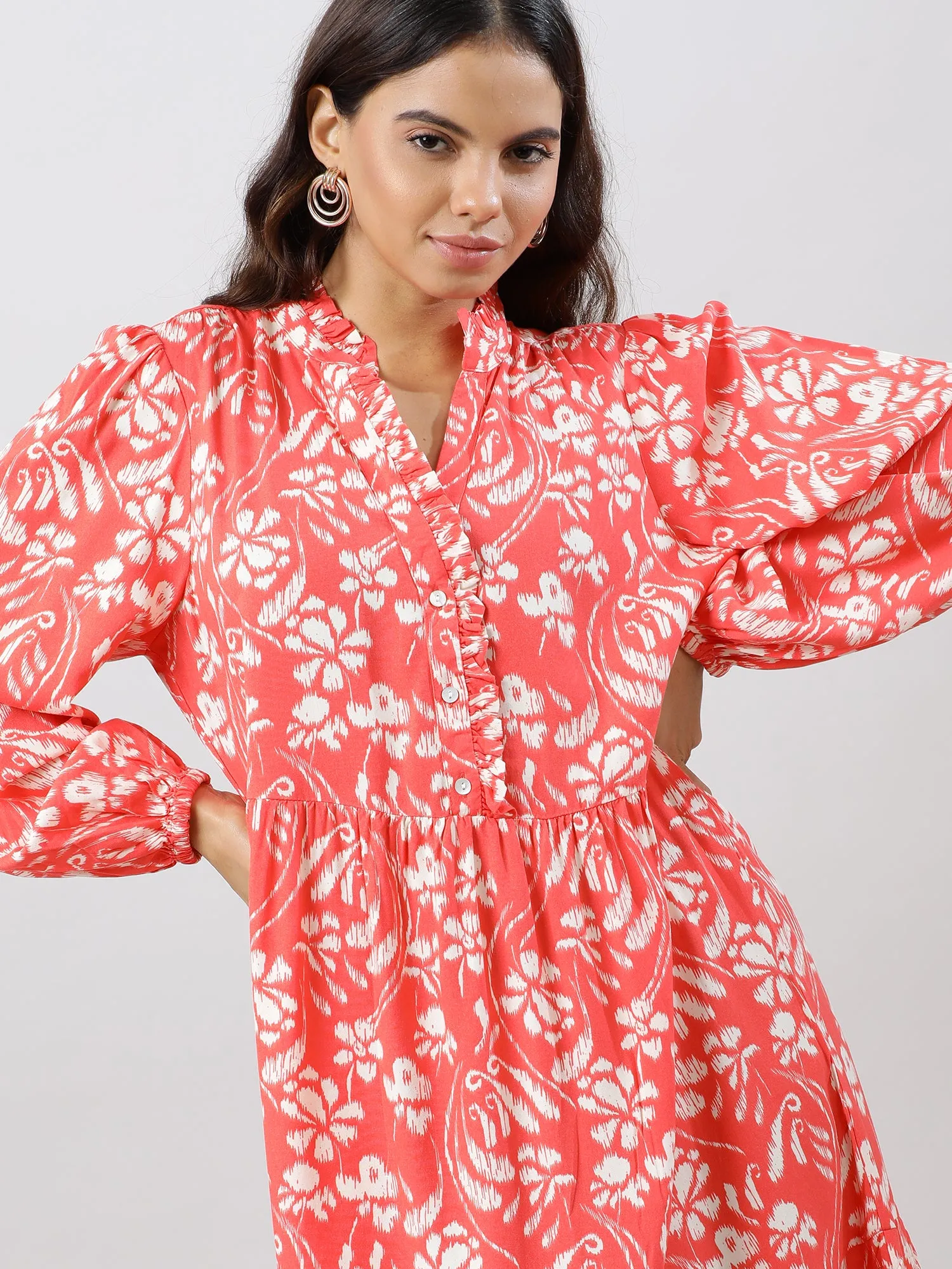 Casual Coral Printed Midi Dress