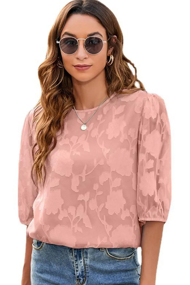 CHIFFON PUFF SLEEVE FLOWER LACE CUT OUT LOOSE TOP