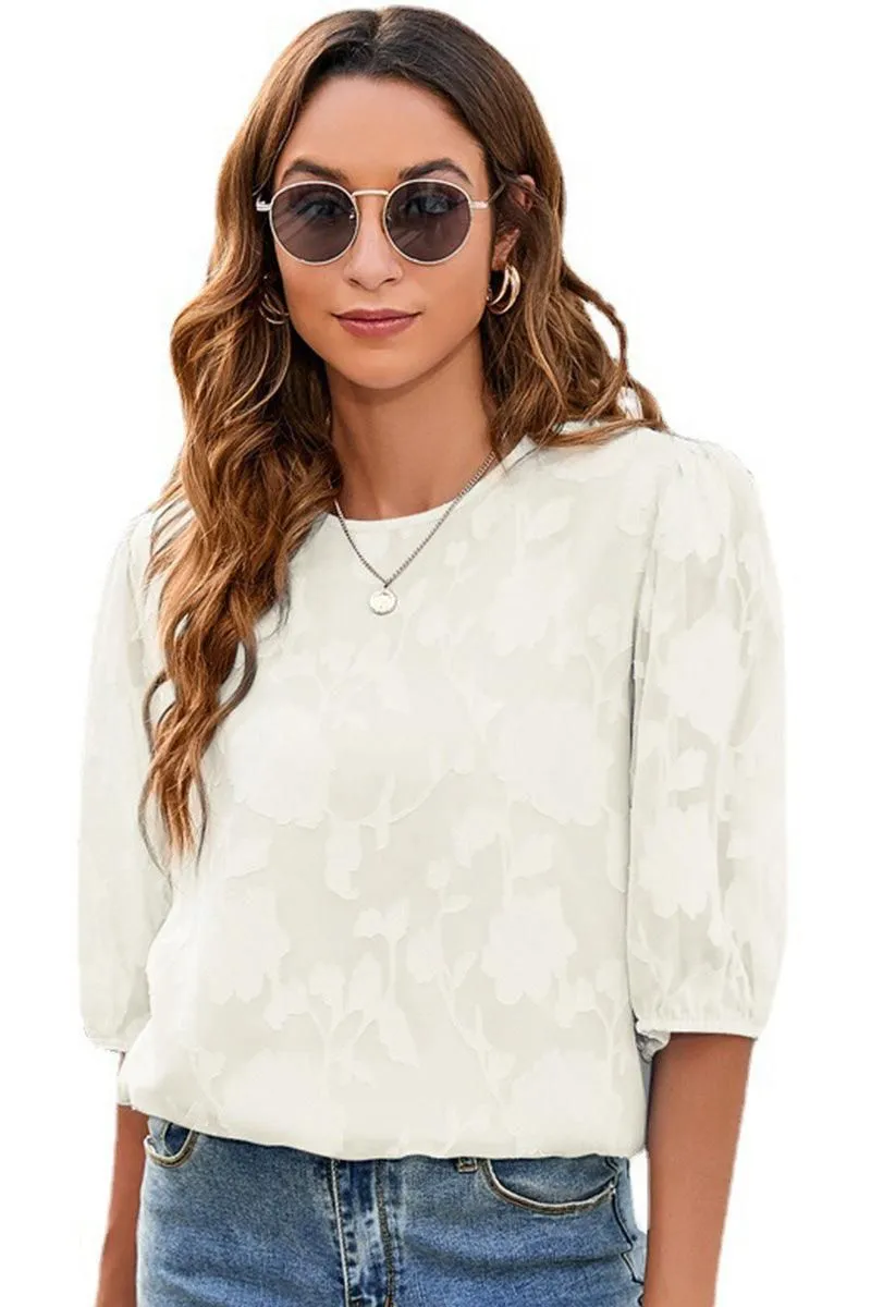 CHIFFON PUFF SLEEVE FLOWER LACE CUT OUT LOOSE TOP