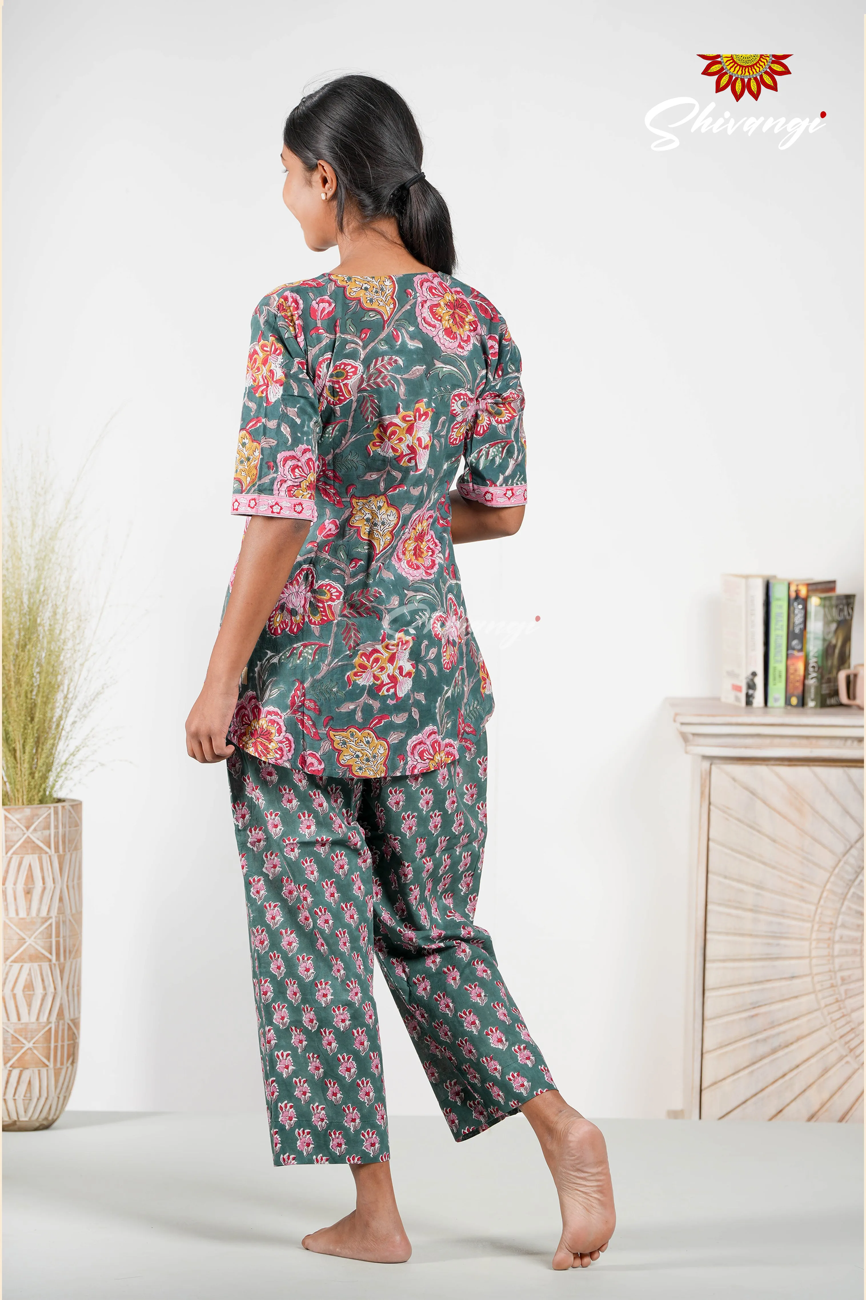 Dark Green Floral Print Cotton Night Wear Set For Women !!!