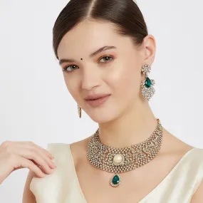 Estele - Emerald and Diamond heavy Choker Necklace Set For Women