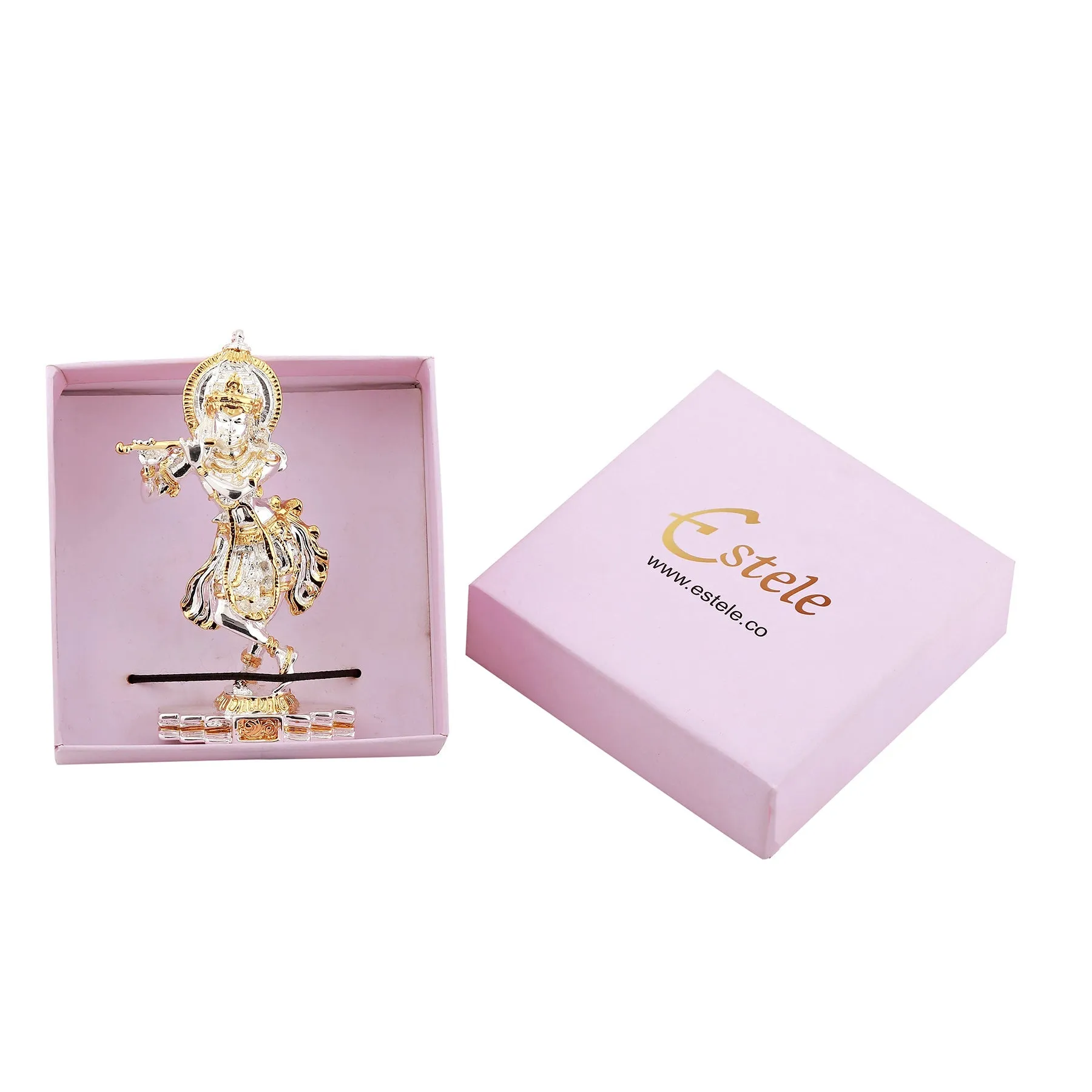Estele Gold & Rhodium Plated Playing flute Sri Krishna Idol for Home/Car decor.