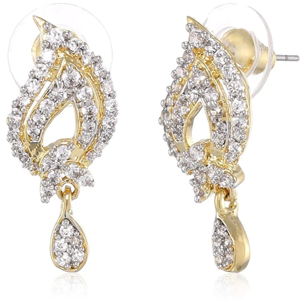 Estele Gold Plated American Diamond Mishaped Leaf Drop Earrings for Women