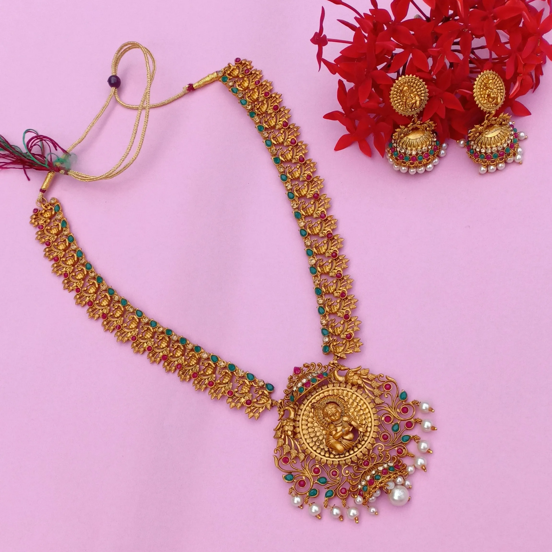 Estele Gold Plated Blessfully Crafted Baal Gopal Nakshi Temple Set with Colored Stones & Pearls for Women