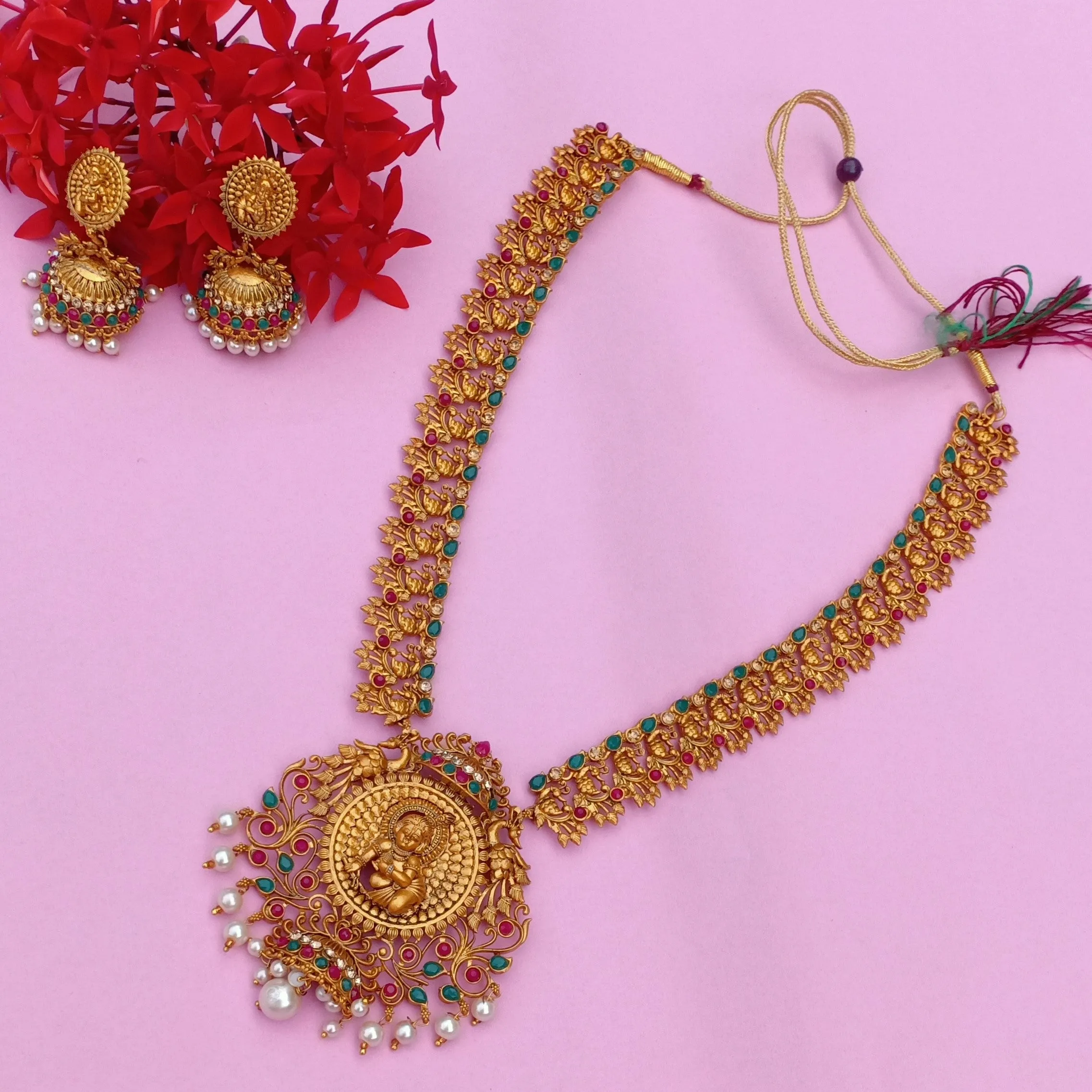 Estele Gold Plated Blessfully Crafted Baal Gopal Nakshi Temple Set with Colored Stones & Pearls for Women