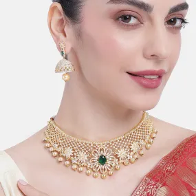 Estele Gold Plated CZ Flower Designer Bridal Choker Necklace set with Pearl & Color Stones for Women