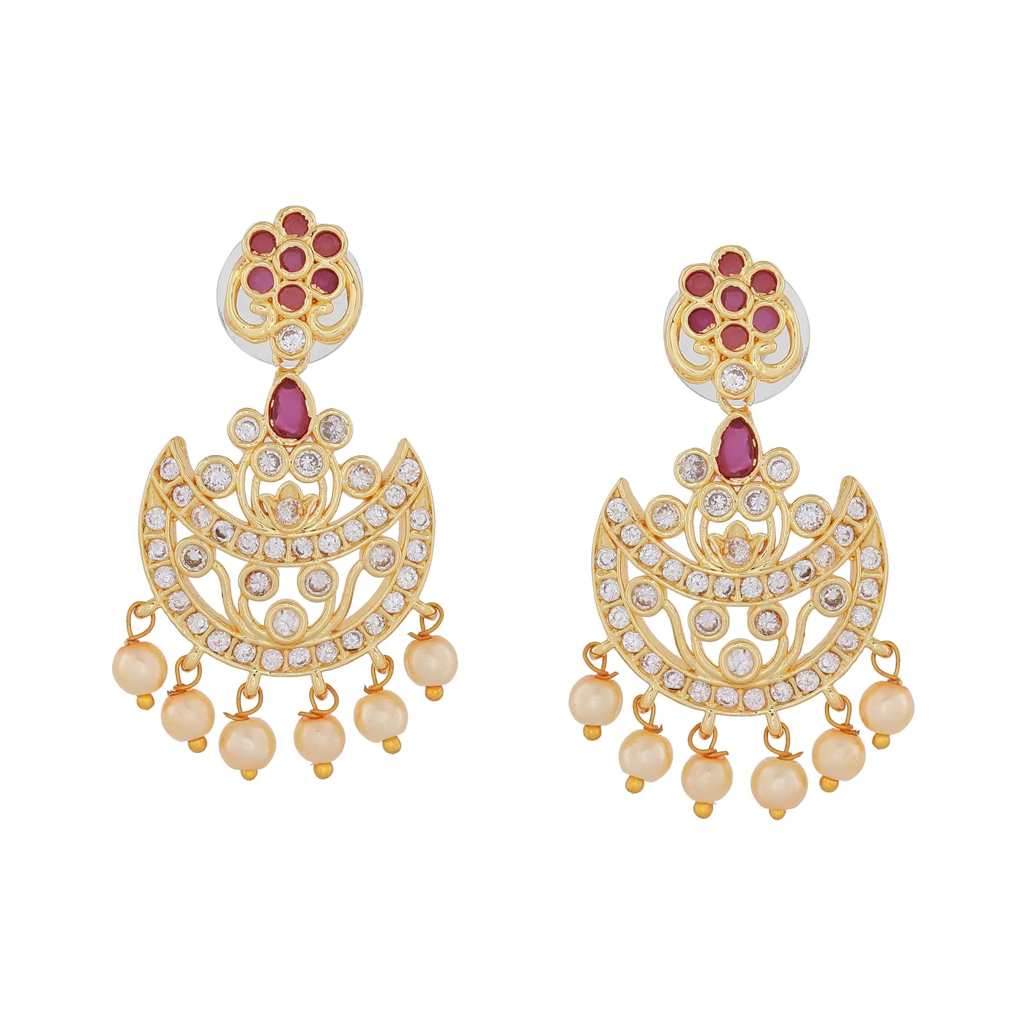 Estele Gold Plated CZ Splendid Flower Designer Necklace Set with Pearls for Women