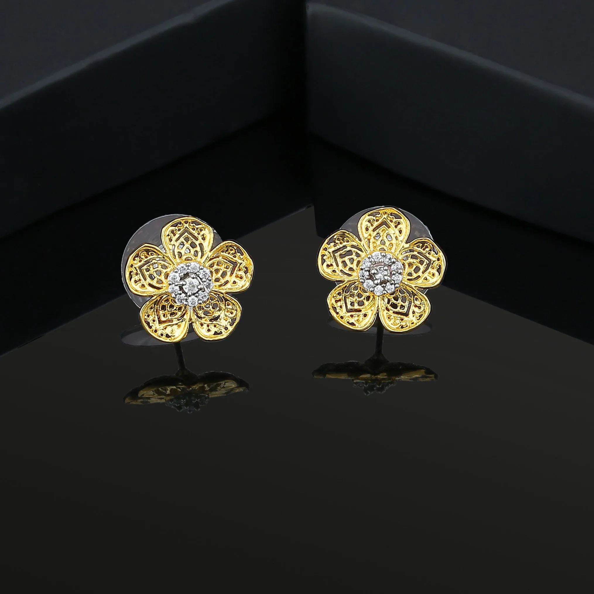 Estele Gold Plated Delicate Filigree flower Stud Earrings for women