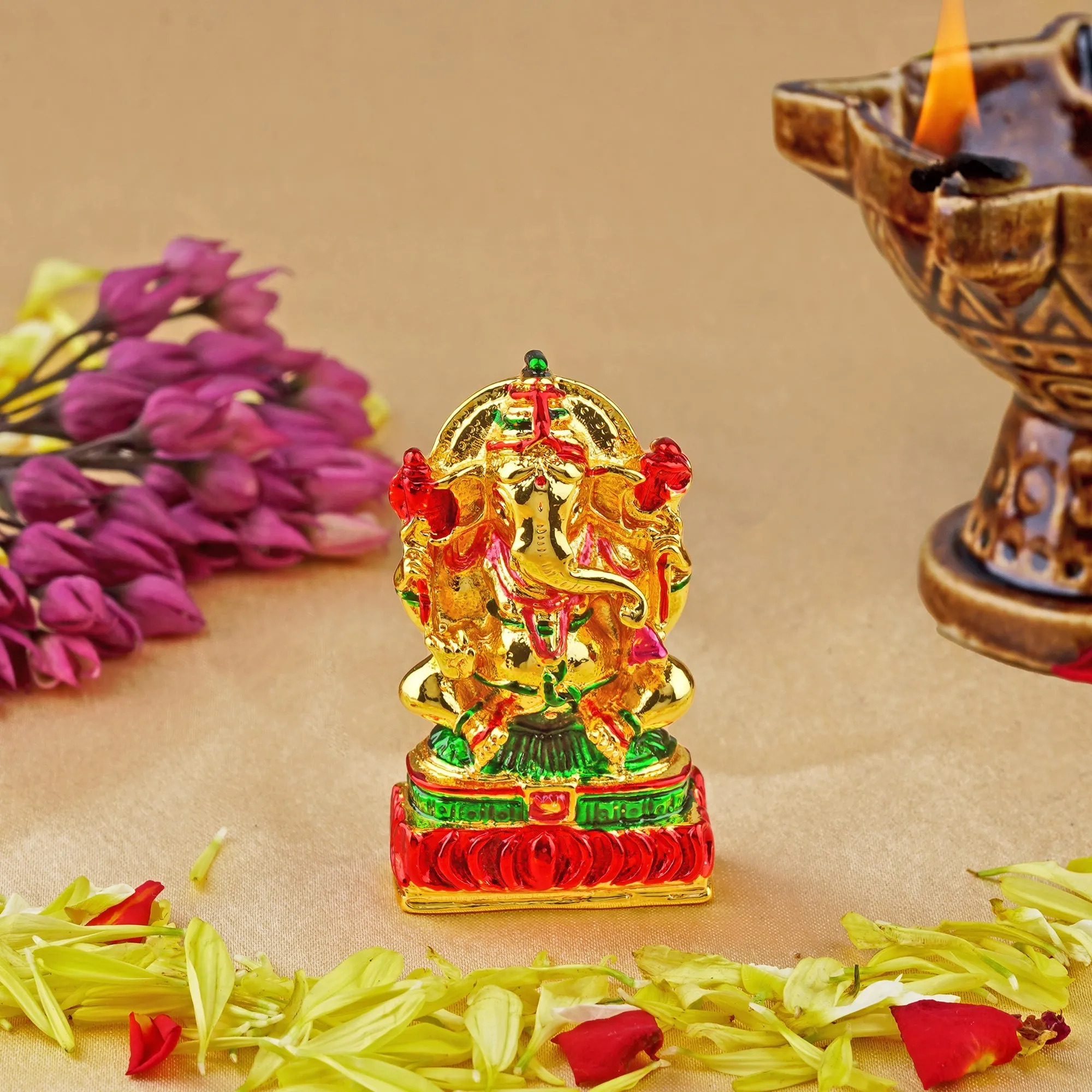 Estele Gold Plated Divine Ganesha with Multi Color Enamel Idol