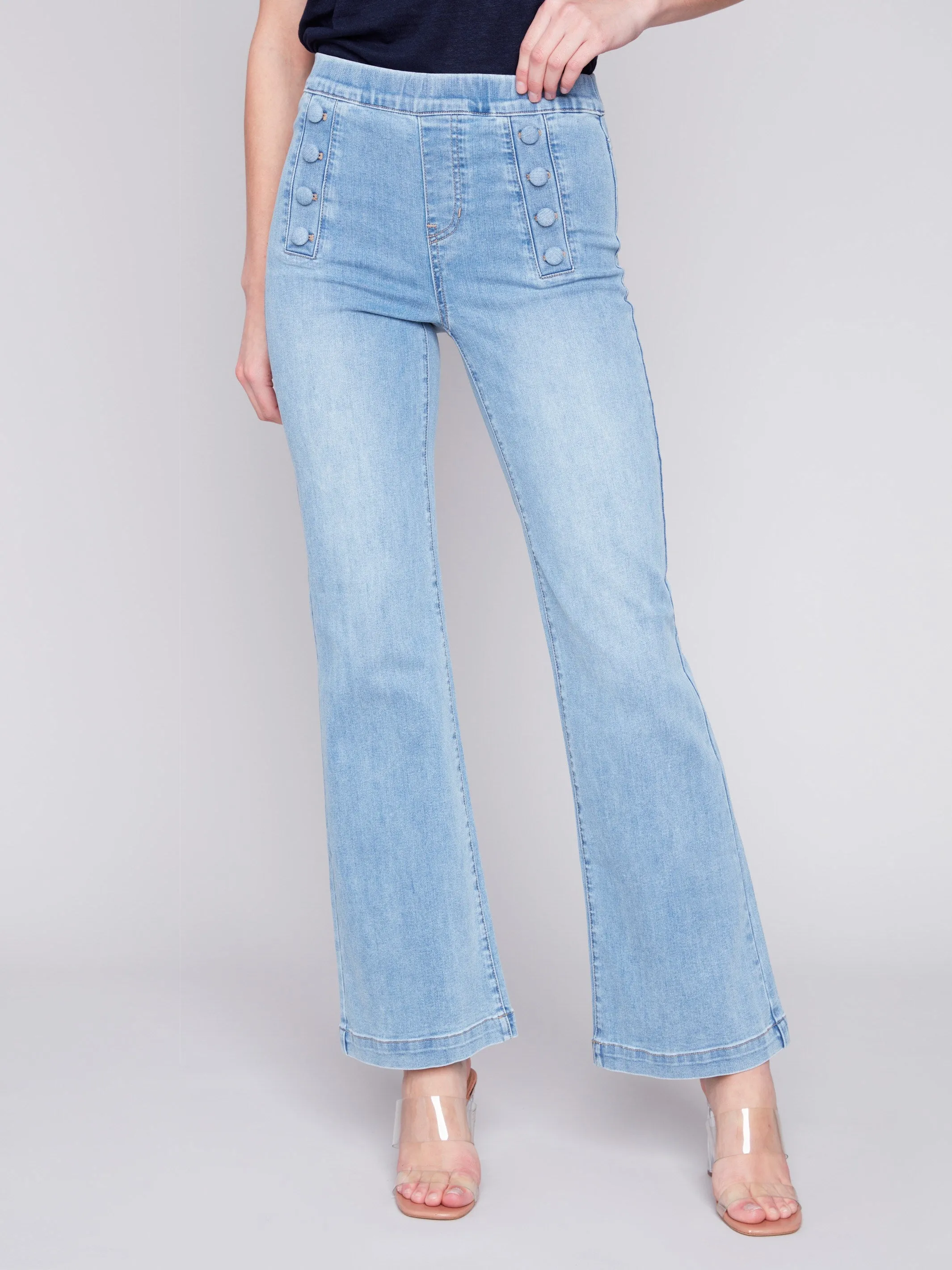 Flare Jeans with Decorative Buttons - Light Blue