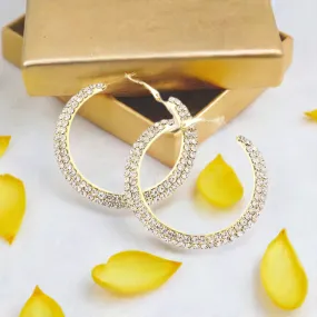 Gold Rhinestone 2-inch Flat Hoop Earrings for Women