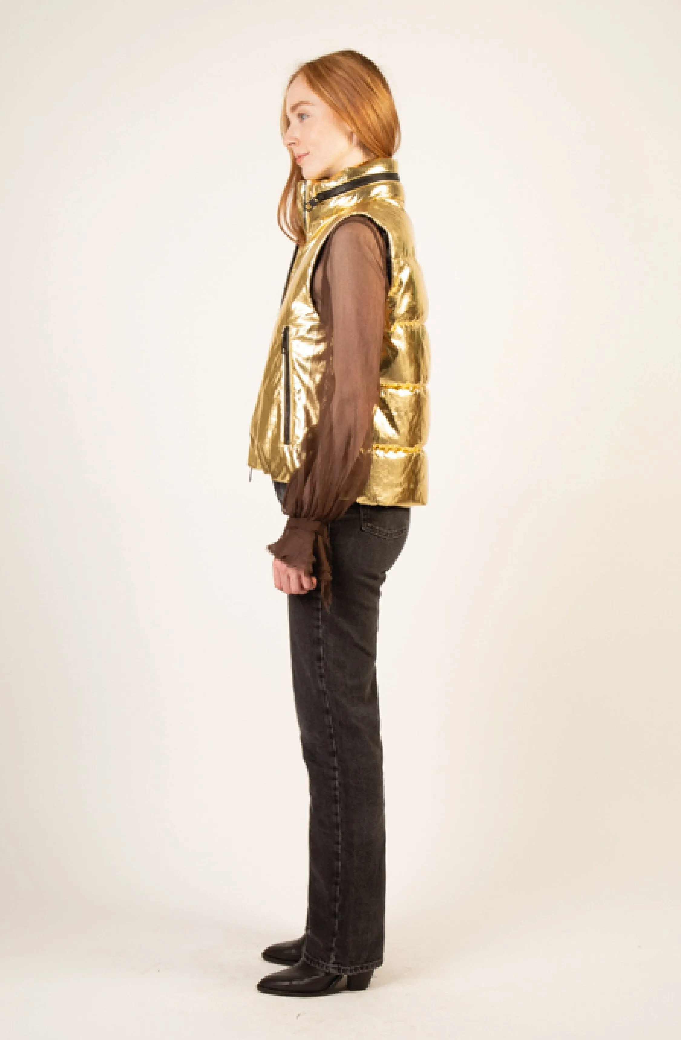 POWIS vegan leather gold sleeveless puffer jacket