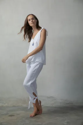 Tie-Knot Linen Capri Pants White