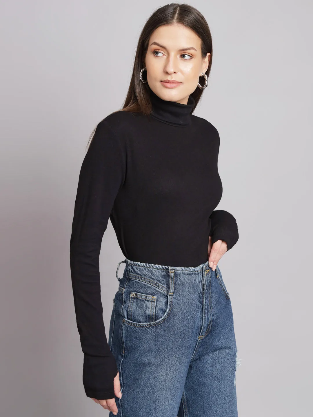 Women Black Polo Neck Top