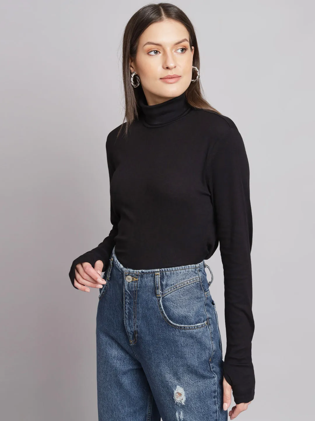 Women Black Polo Neck Top