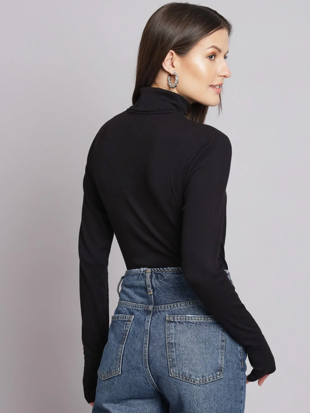 Women Black Polo Neck Top