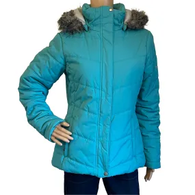 Women's Columbia Teal Blue Parka Jacket. Size L. Faux Fur Trim